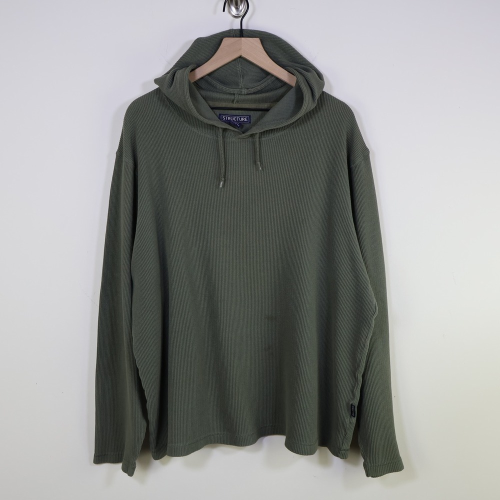 Vintage 90s Structure Waffle‎ Knit Thermal Hoodie Size XL Olive Green Cotton